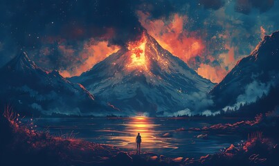 Illustration Background Peak of Eternity Watching a Volcano Emitting Night Light