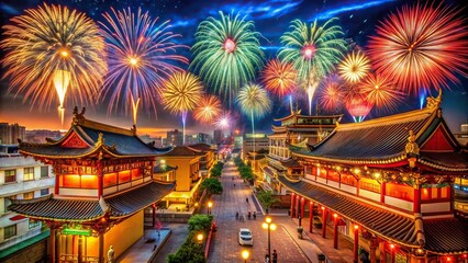Vibrant display of fireworks lighting up Chinatown at night, Chinatown, night, fireworks, celebration, vibrant, colors, cityscape, urban, skyline, lights, festive, traditional, cultural