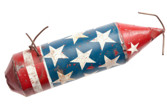 A red, white, and blue firework rocket with stars on it