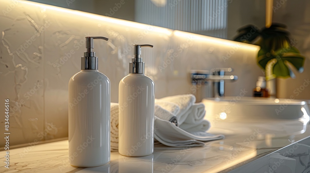 Poster Two sleek shampoo and conditioner bottles sit on a pristine bathroom countertop, bathed in soft light. Generative AI