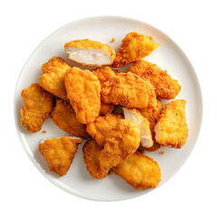 Breaded chicken nuggets on white plate, top view, isolated on white background


