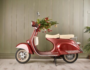 Modern red scooter on the background of the wall. 3d rendering