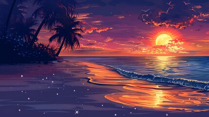 Illustration Background Twilight Melody Sparkling Sun Setting on White Sand Beach