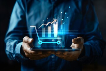 Merchants touch virtual sales growth charts and shopping cart ICONS on transparent screens, use tablets to analyze the performance of markets or online stores,