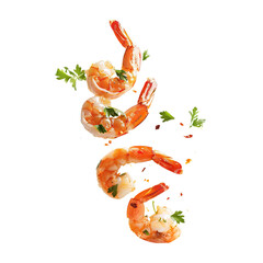 Shrimp with spices and parsley levitating in mid-air, dynamic seafood composition, isolated on white

