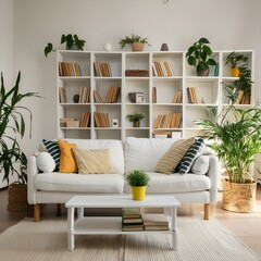 modern living room, white sofa, bookshelf, plants Ai generative 