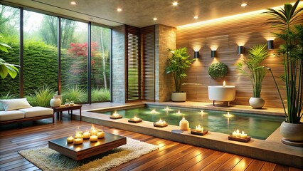 Tranquil spa setting with calming meditation area, perfect for relaxation and peaceful escape , spa, tranquility, peace, relaxation, meditation, serenity, calm, unwind, massage, wellness