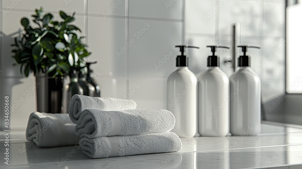 Poster three sleek bottles of shampoo and conditioner sit on a countertop in a modern bathroom. generative 