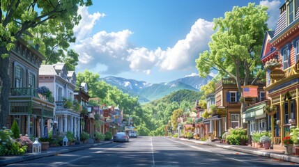 Detailed 3D render of American Regionalism, depicting a small town main street lined with quaint shops and colorful storefronts, surrounded by lush greenery and a blue sky, evoking a sense of