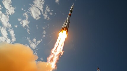 Powerful Rocket Launches into the Sky Leaving a Trail of Fire and Smoke as It Ascends into Space. Spectacular Display of Advanced Technology, Space Exploration, and Human Achievement.
