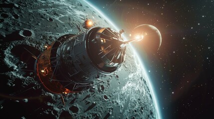 Fototapeta premium Spacecraft on Its Way to the Moon, Highlighting the Vessel Against the Lunar Backdrop. A Journey of Space Exploration, Advanced Technology, and Human Ambition.