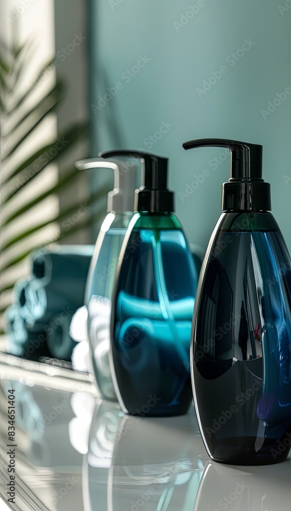Poster three elegant shampoo bottles with pumps sit on a countertop, reflecting light in a modern bathroom.