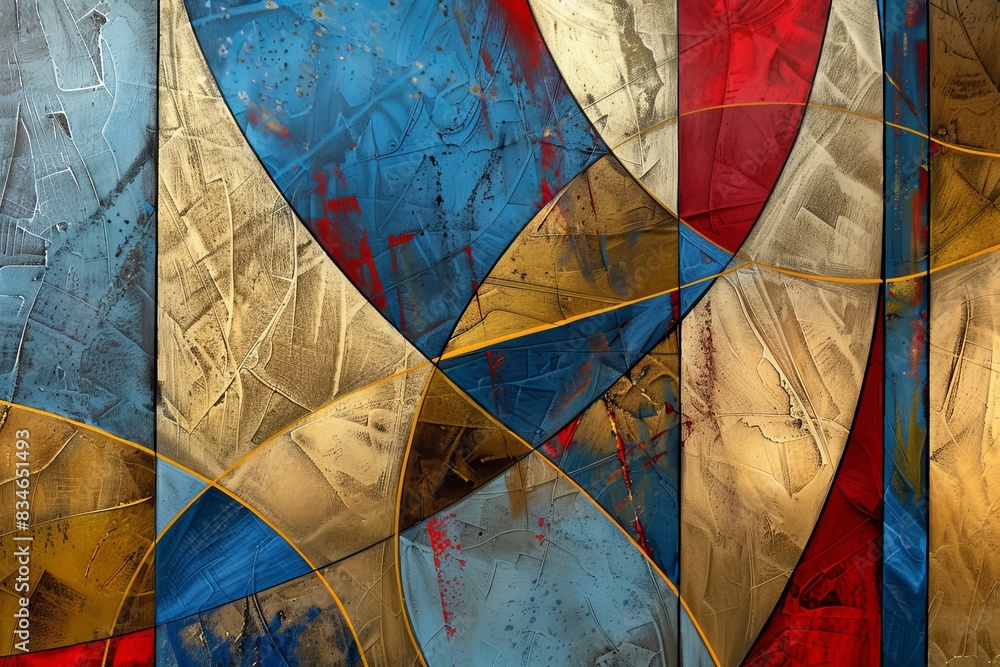 Wall mural Abstract geometric artwork in elegant blue, red, and gold design for sale - modern decor - Wall murals