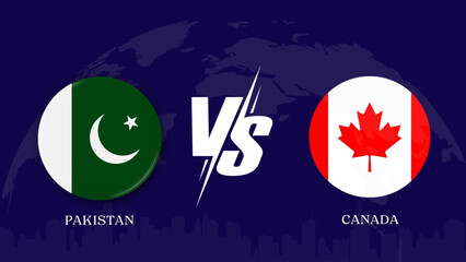 pakistan vs Canada flag, world map and building skyline use for t20 cricket world cup template banner design