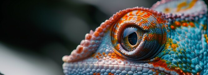 Fototapeta premium Close-Up of a Beautiful Chameleon, Copy Space, Green, Orange, Yellow, White.