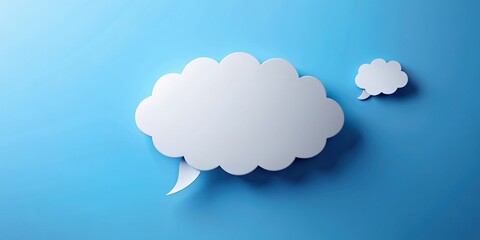 Paper art with a cloud shape on a blue sky background, with a white blank speech bubble hanging for copy space , paper art, cloud, blue sky, speech bubble, white, hanging, copy space