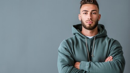  A man in a green hoodie, his expression serious, arms crossed, faces the camera against a gray backdrop
