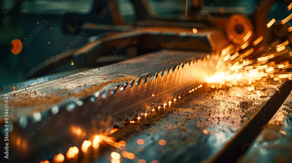 Poster a saw blade in a factory cuts through metal, creating a mesmerizing display of sparks as it effortle
