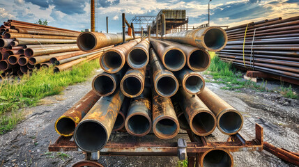 A close-up image of a pile of rusty metal pipes stacked on a rusty metal frame in a yard with green grass and a cloudy sky in the background