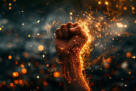 Single raised fist ignites chain reaction of sparks across dark landscape, symbolizing power of single act of defiance to inspire revolution