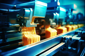 A mesmerizing parade of orange juice bottles gliding along a conveyor belt in a pasta factory