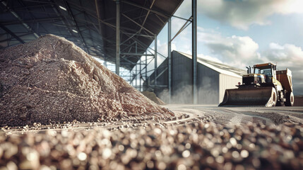 A bulldozer with a powerful engine is aggressively driving through a massive pile of gravel at a potash fertilizer warehouse