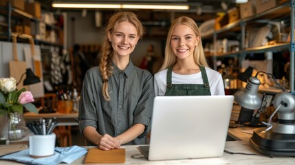 Fototapeta premium Two women stand before a laptop on a cluttered workstation Bookshelves line the room, and a desk holds a vase with blossoms