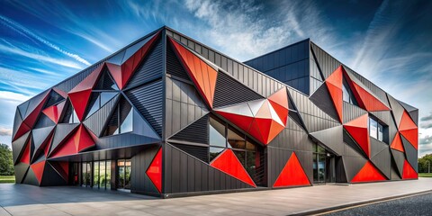 Modern polygon shape black and red building exterior design, architecture, modern, polygon, black, red, building, exterior, design, geometric, structure, urban, contemporary, abstract, facade