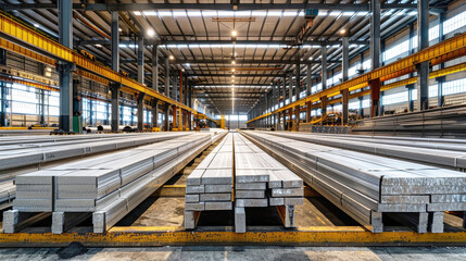 A vast warehouse housing numerous neatly stacked steel beams, creating a mesmerizing sight of industrial precision and strength