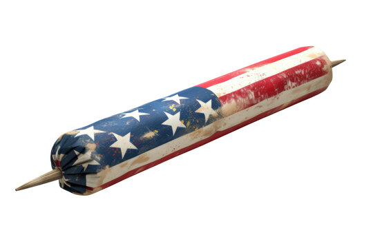 A long, thin, red, white, and blue flag is wrapped around a wooden stick