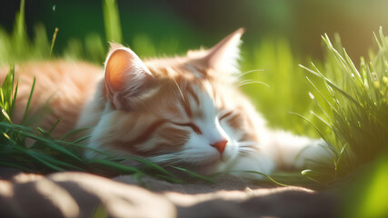 Artistic illustration. Sleeping cute ginger cat in the grass on a sunny summer day