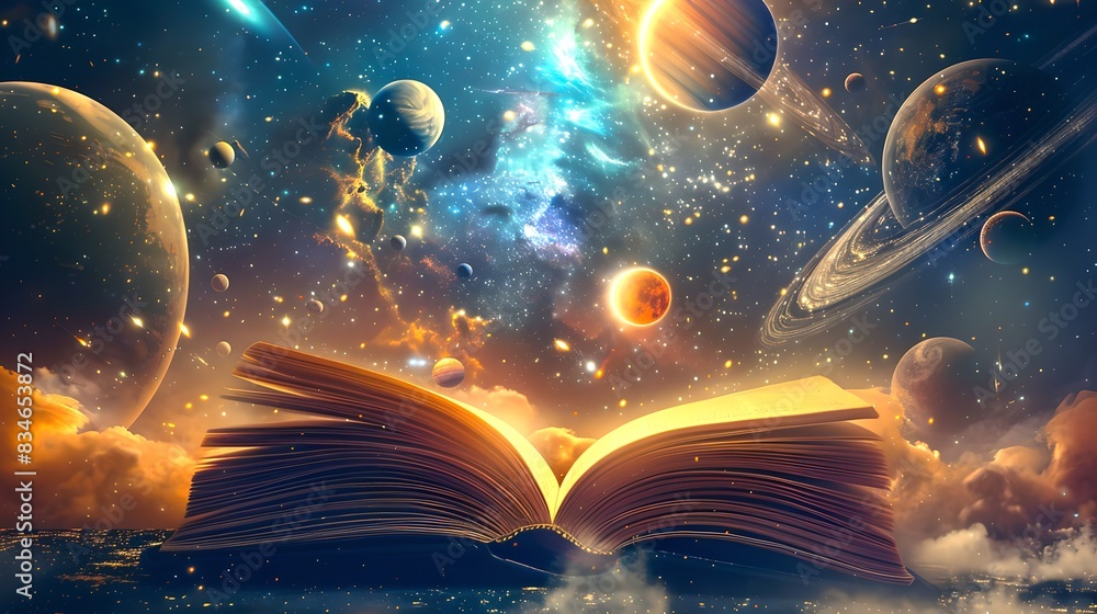Aufkleber an open book with a universe background. conceptual image of knowledge and exploration. suitable for