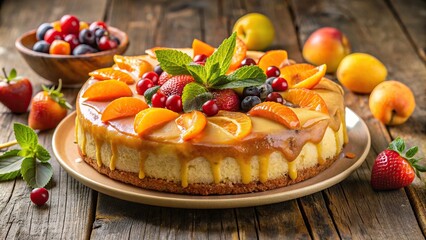 Almond cake topped with fresh fruits and a lemon apricot glaze on a rustic table, almond, cake, dessert, fresh fruit, lemon, apricot, glaze, homemade, rustic, table, sweet, healthy