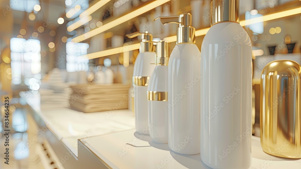 Poster close-up of stylish bottles of shampoo and conditioner in a modern salon setting. generative ai