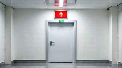 Emergency exit door with red exit sign above it in a white hallway, emergency, exit, door, safety, evacuation, red, sign, white, hallway, escape, emergency exit, healthcare, building