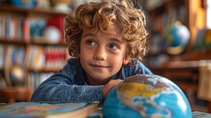 A close-up of a globe being studied by a young child, with a look of wonder and curiosity, surrounded by books and educational materials, highlighting the importance of ge