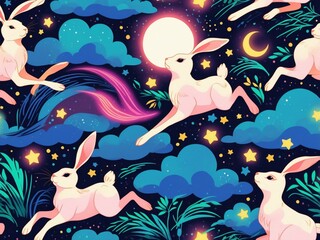 Naklejka premium moon gazing hare Seamless pattern - generative ai illustration