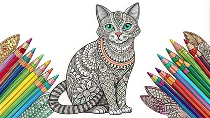 Hand drawn cat zentangle style coloring page for kids and adults, cat, zentangle, hand drawn, coloring book, antistress, print, emblem, logo, tattoo, design, decor, T-shirt, animal
