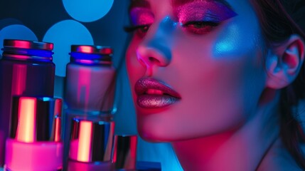  A woman with vibrant makeup faces a vivid array of lipstick bottles against a blue-pink backdrop, accented by circular white lights