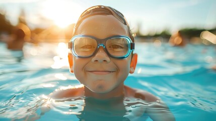 The child is having fun, swimming, diving in the pool with safety glasses. Entertainment during the summer holidays.