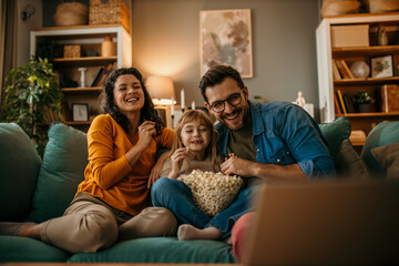Family, mom dad and daughter holding a popcorn pot and laughing while watching a TV