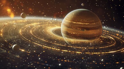 A high-resolution image of a planet in a distant solar system, complete with rings and moons, set against a backdrop of stars and galaxies, accompanied by a futuristic map