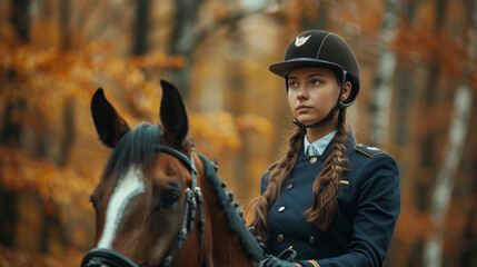 Fototapeta premium A woman in equestrian gear riding on the back of a brown horse
