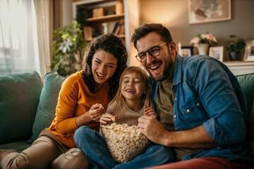 Family, mom dad and daughter holding a popcorn pot and laughing while watching a TV