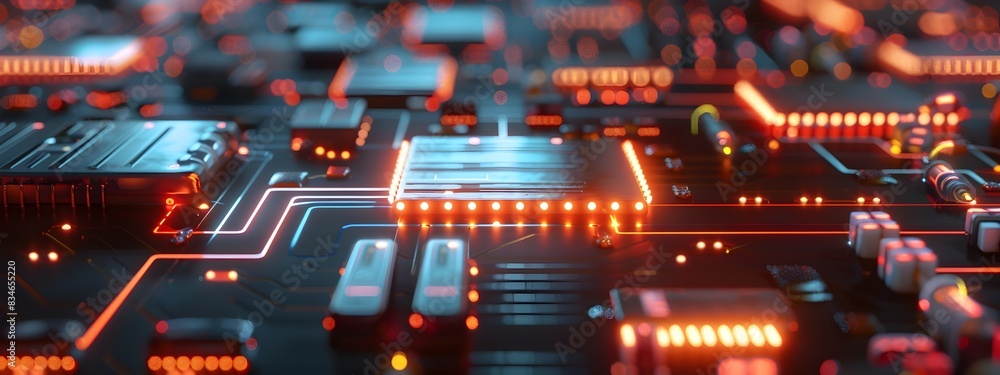 Poster a 3d rendered frequency divider circuit with intricate electronic components and technological