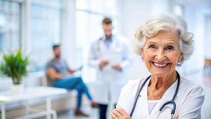 Banner featuring a happy and healthy old lady in a medical clinic with copy space for text, elderly, senior, woman, health, wellness, clinic, medical, check-up, examination, happy, smiling