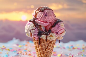ice cream cone with three scoops of different flavors