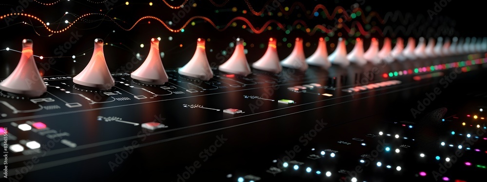 Poster detailed 3d rendering of a sophisticated frequency synthesizer with intricate controls and displays