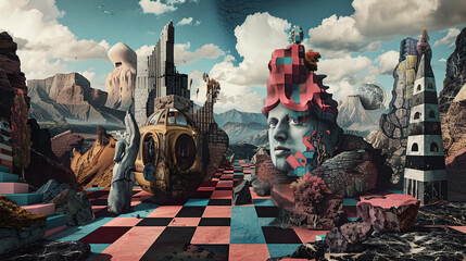 Geometric art depicting adventure through fantastical world where sarcasm is embedded in landscape, adding humor and wit to journey, surreal portraiture style