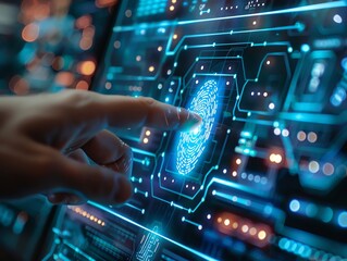 Fototapeta premium A person using a futuristic touchscreen interface with fingerprint recognition for advanced security and biometric technology applications.